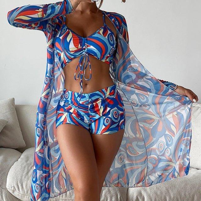 3-delt Bikini Sæt Dame – Badetøj med Shorts og Cover-Up – Grøn