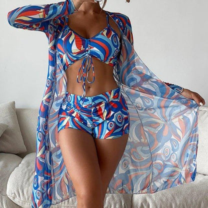 3-delt Bikini Sæt Dame – Badetøj med Shorts og Cover-Up – Grøn