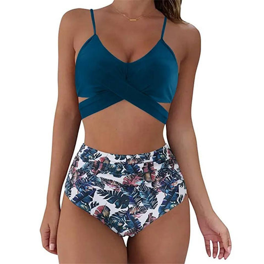 Tropisk Bikini Sæt Dame – Højtaljet Wrap Bikini med Palmeprint – Blå