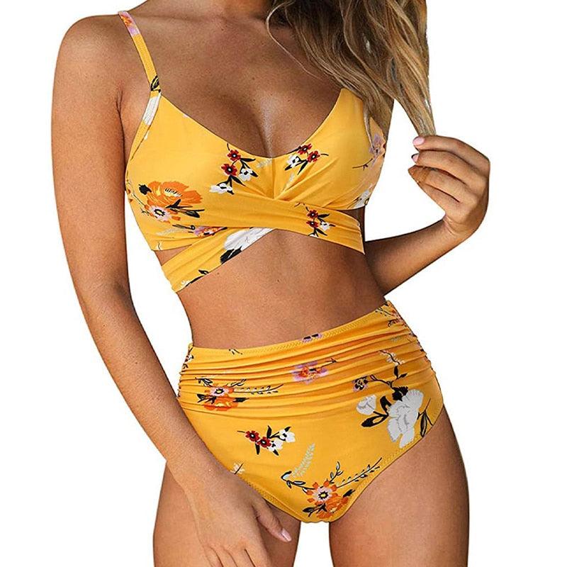 Tropisk Bikini Sæt Dame – Højtaljet Wrap Bikini med Palmeprint – Blå