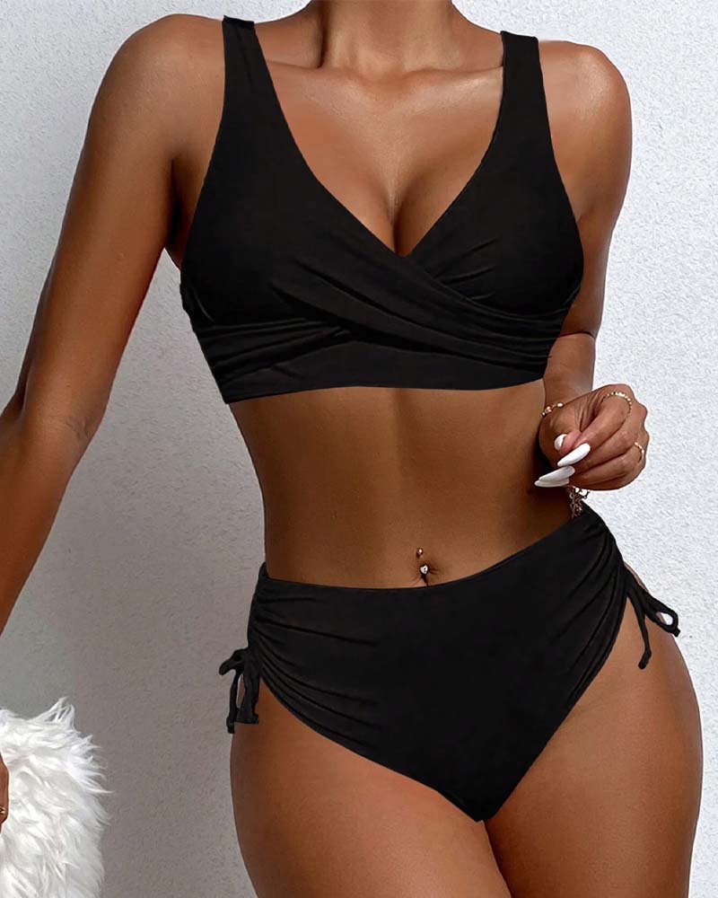 Bikini Sæt Dame – Højtaljet Wrap Bikini med Snøring – Sort