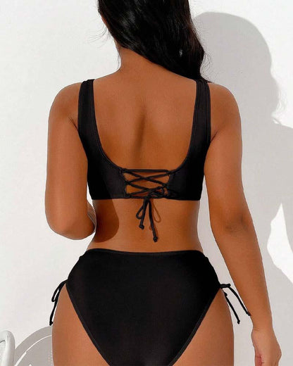 Bikini Sæt Dame – Højtaljet Wrap Bikini med Snøring – Sort