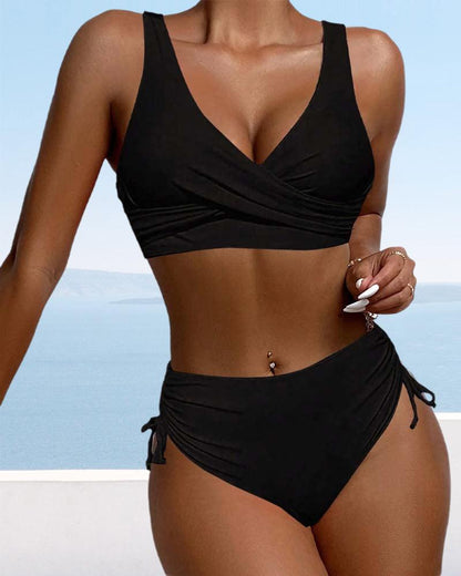 Bikini Sæt Dame – Højtaljet Wrap Bikini med Snøring – Sort