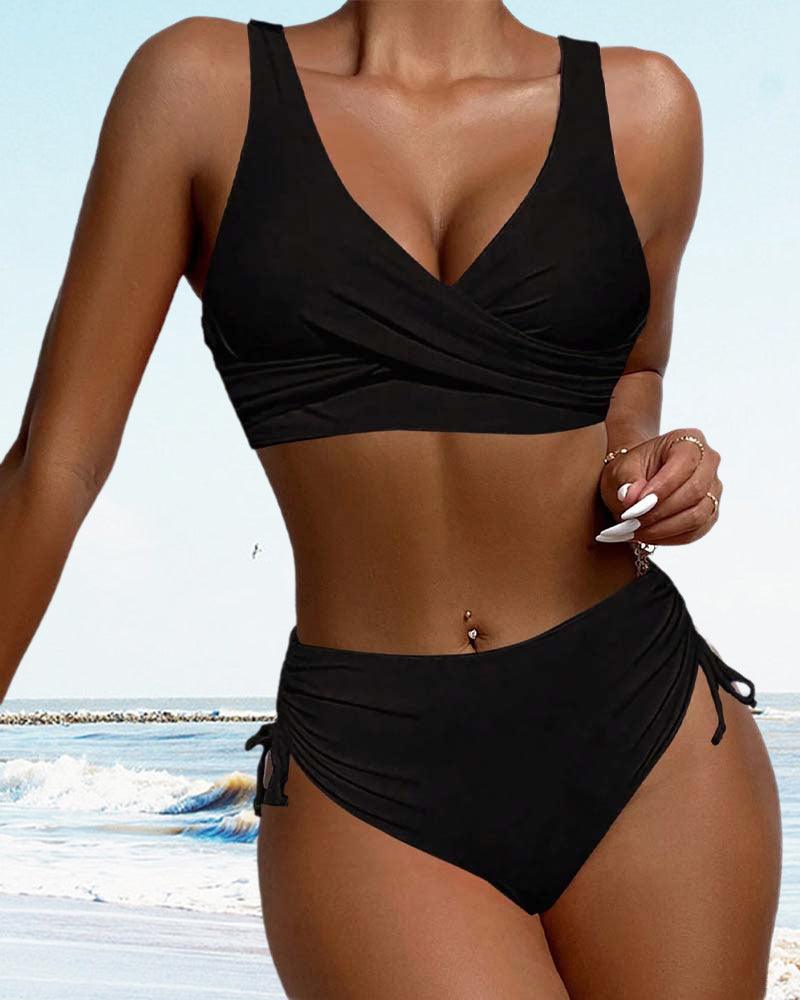 Bikini Sæt Dame – Højtaljet Wrap Bikini med Snøring – Sort