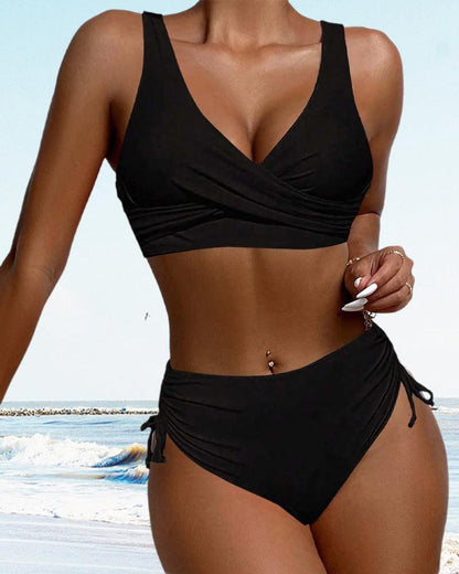 Bikini Sæt Dame – Højtaljet Wrap Bikini med Snøring – Sort