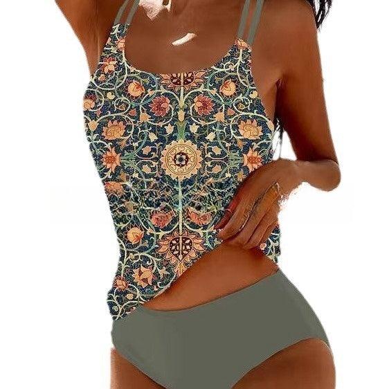 Tankini Dame – Paisley Bikini Sæt med Racerback Top – Grøn