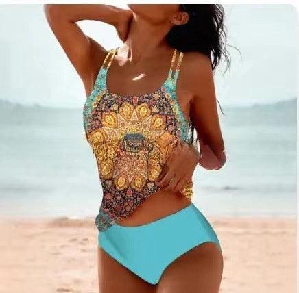 Tankini Dame – Paisley Bikini Sæt med Racerback Top – Blå