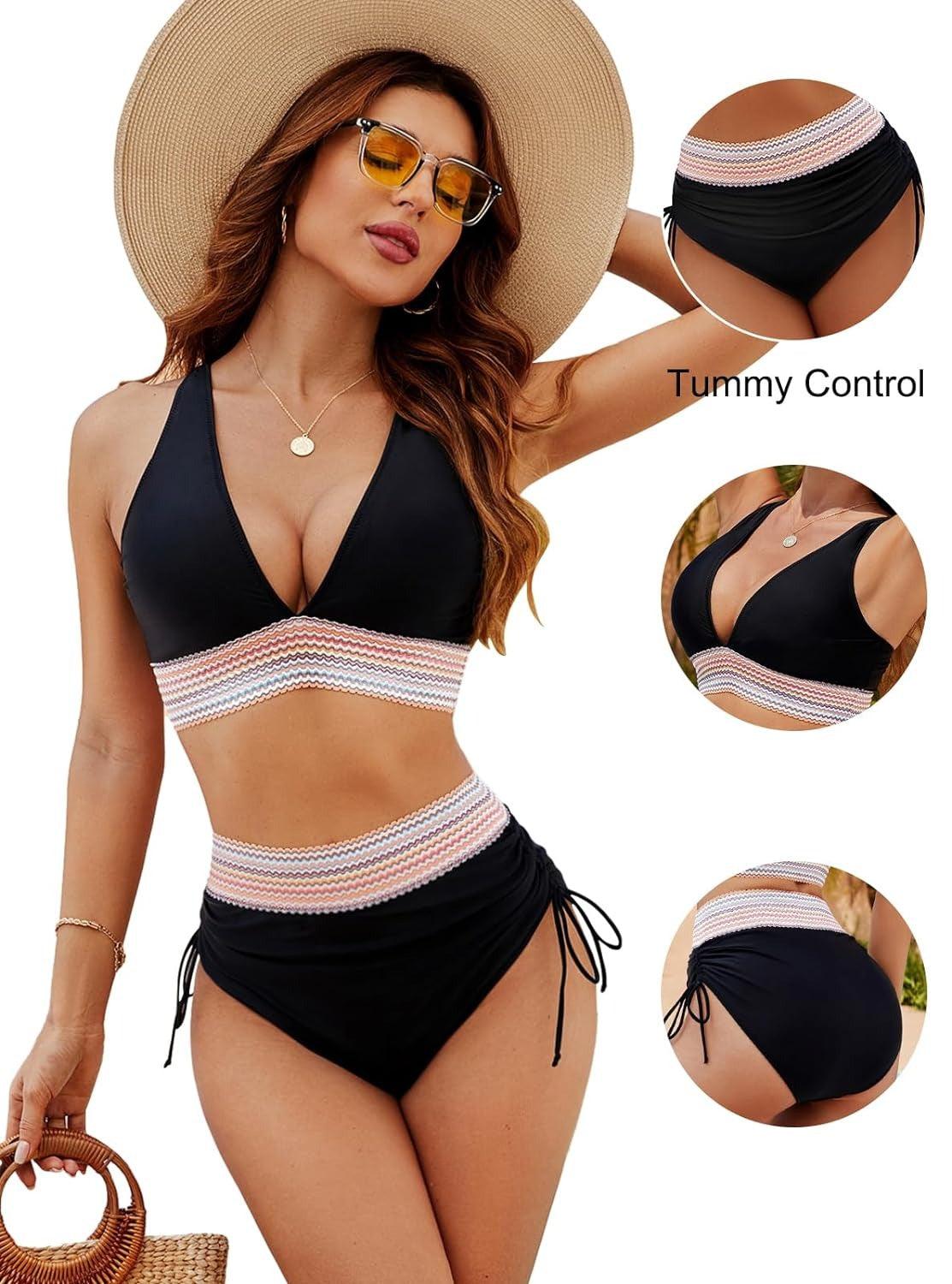 Højtaljet Bikini Sæt Dame – Halterneck Bikini med Stribet Kant – S