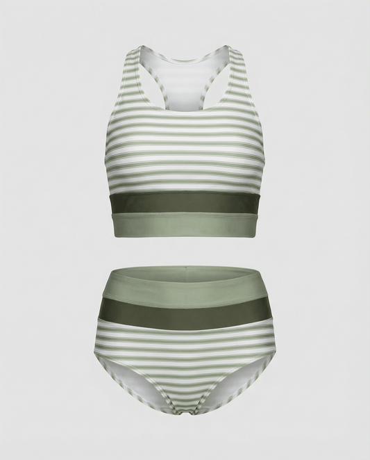 Sporty Bikini Sæt Dame – Tofarvet Bikini med Racerback Top – Oliven grøn