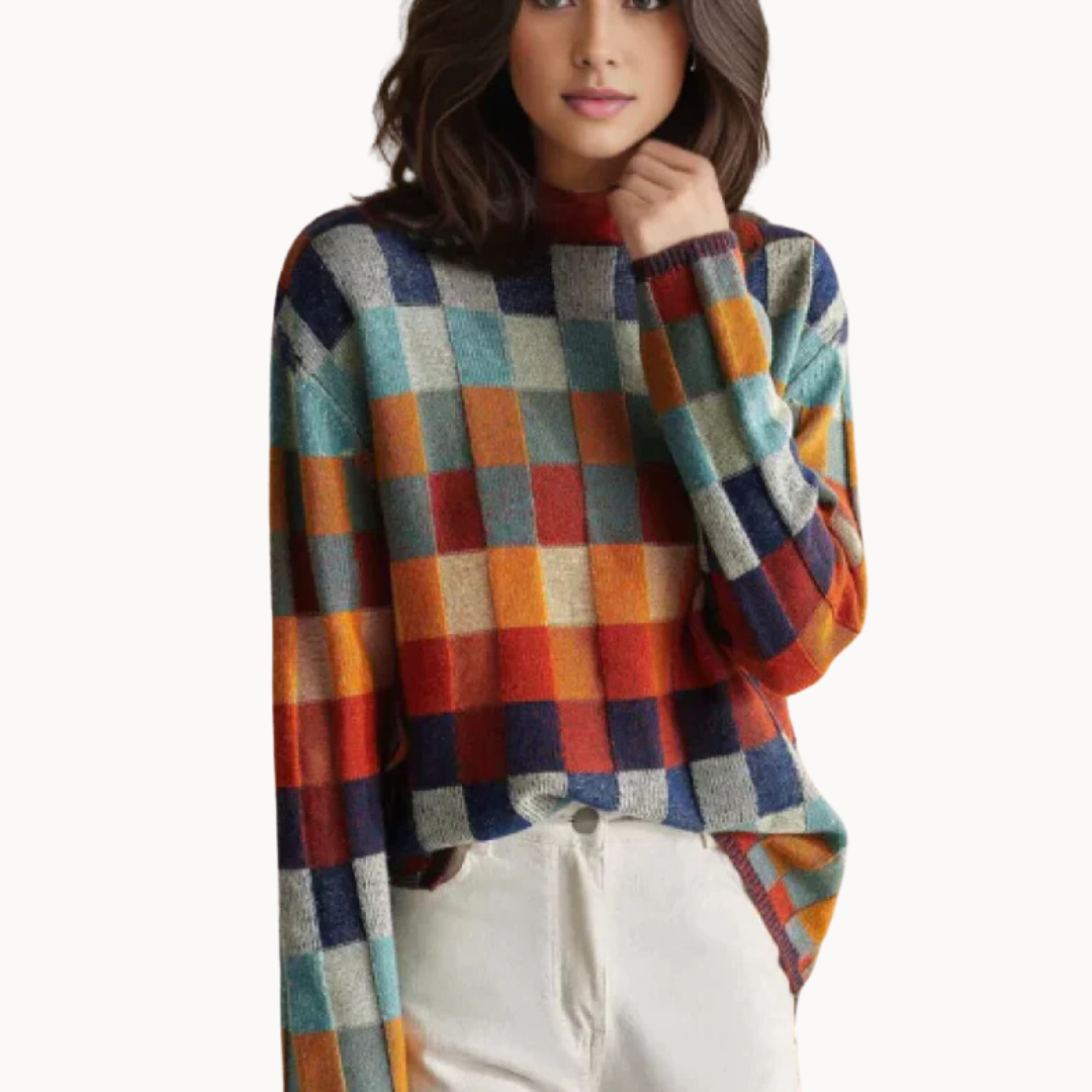 Patchwork Rullekrave Pullover Dame – Blød Striktrøje med Mønster