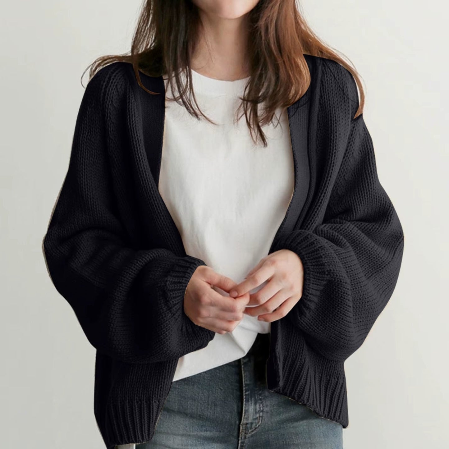 Strik Cardigan Dame – Beige Lounge Cardigan med Oversized Ærmer