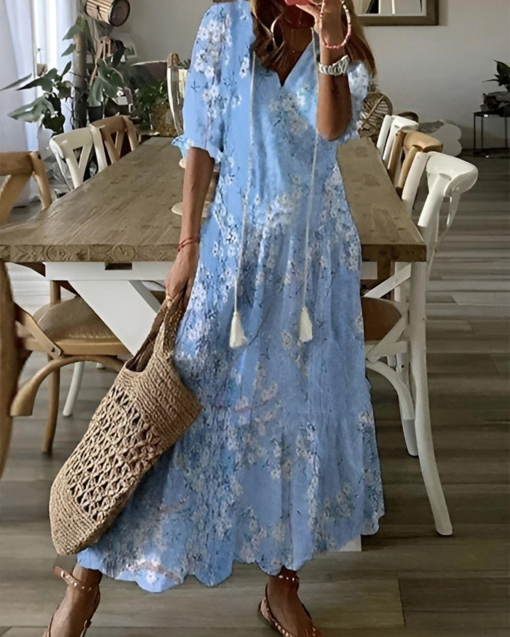 Broderet blomstret hørskjorte til dame med knapper