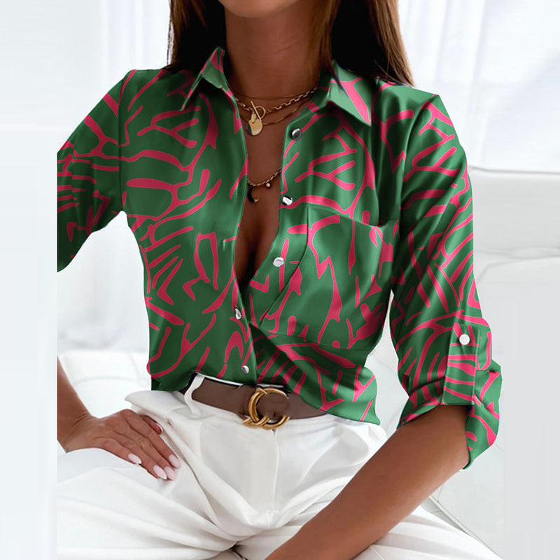 Bluse Dame – Blå Skjortebluse med Krave og Print
