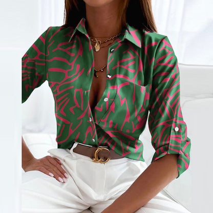 Bluse Dame – Blå Skjortebluse med Krave og Print