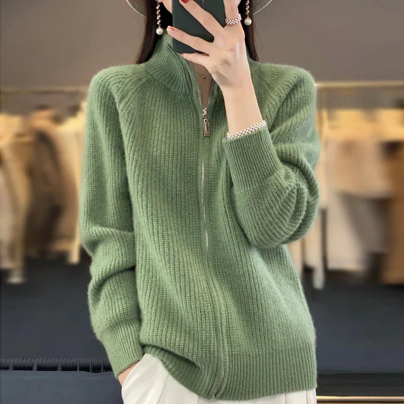 Uld Cardigan Dame – Zip Strikcardigan med Lommer
