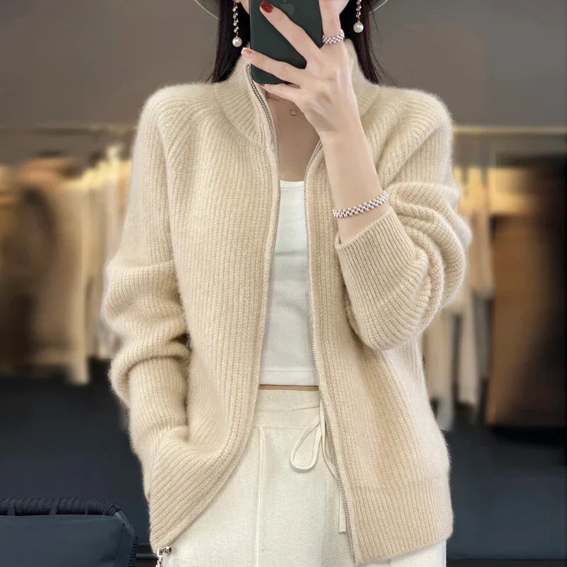 Uld Cardigan Dame – Zip Strikcardigan med Lommer