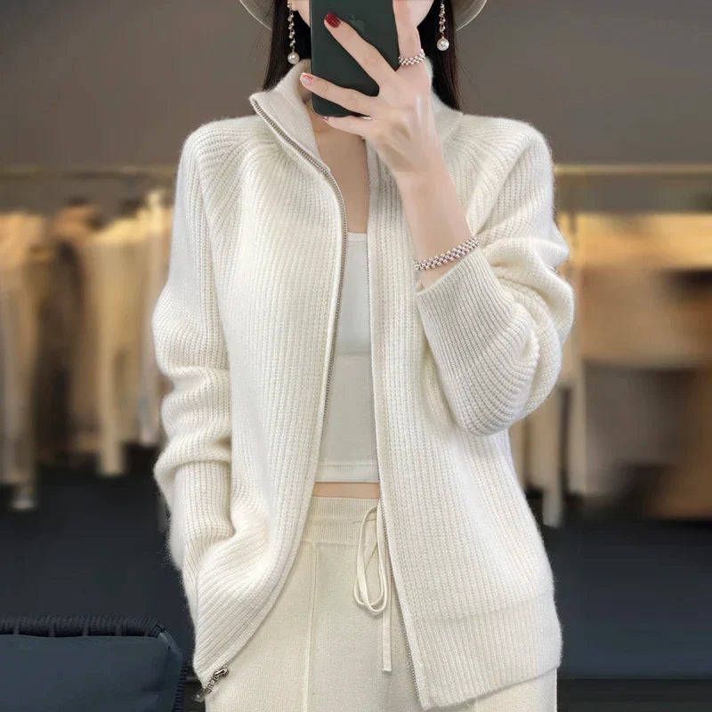 Uld Cardigan Dame – Zip Strikcardigan med Lommer