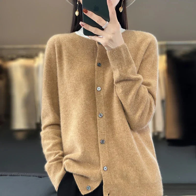 Santorini Cardigan Dame – Beige Strikcardigan til Efterår og Vinter