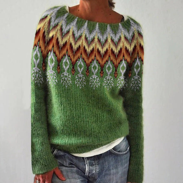 Strikket Pullover Dame – Grøn Retro Striktrøje med Mønster