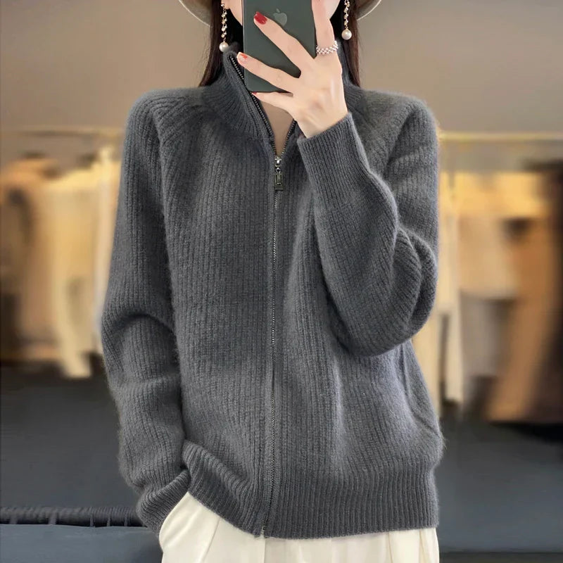 Uld Cardigan Dame – Zip Strikcardigan med Lommer