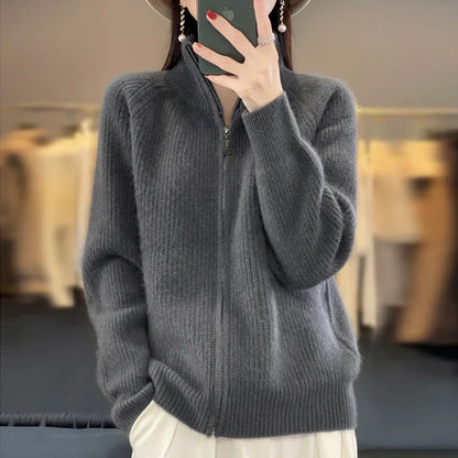 Uld Cardigan Dame – Zip Strikcardigan med Lommer