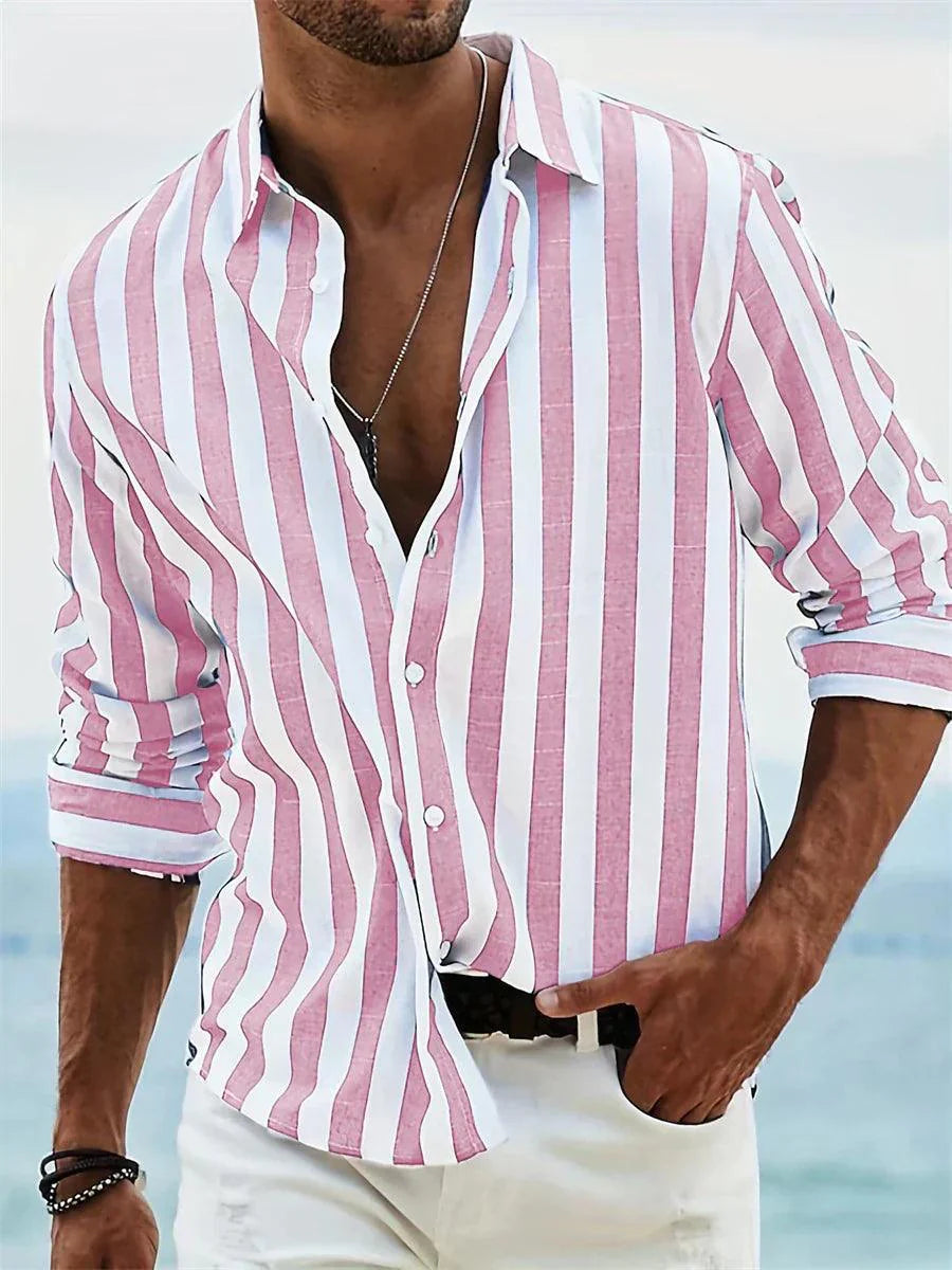Stribet Sommerskjorte Herre – Casual Skjorte med Knapper