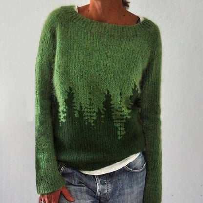Strikket Pullover Dame – Grøn Retro Striktrøje med Mønster