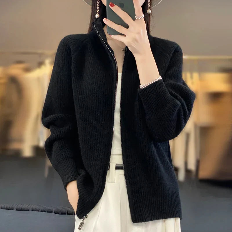 Uld Cardigan Dame – Zip Strikcardigan med Lommer