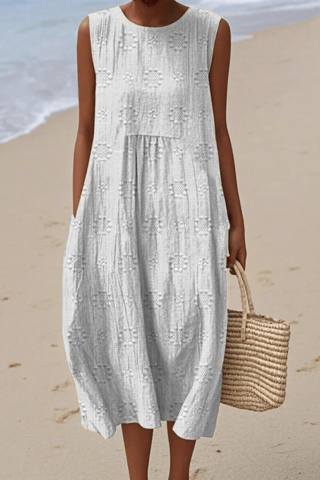 Women's Embroidered Midi Dress – Sleeveless Summer Dress