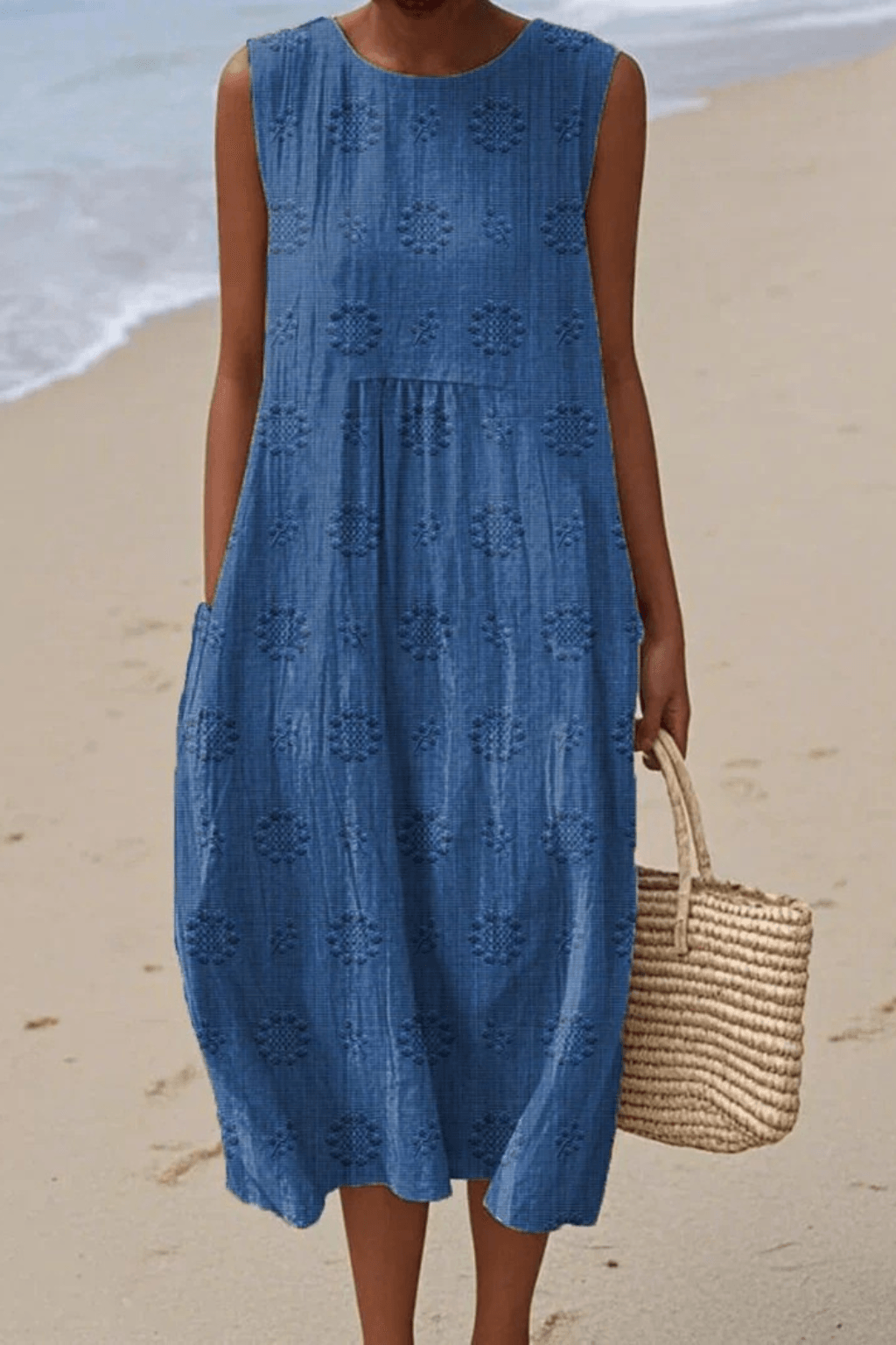 Women's Embroidered Midi Dress – Sleeveless Summer Dress