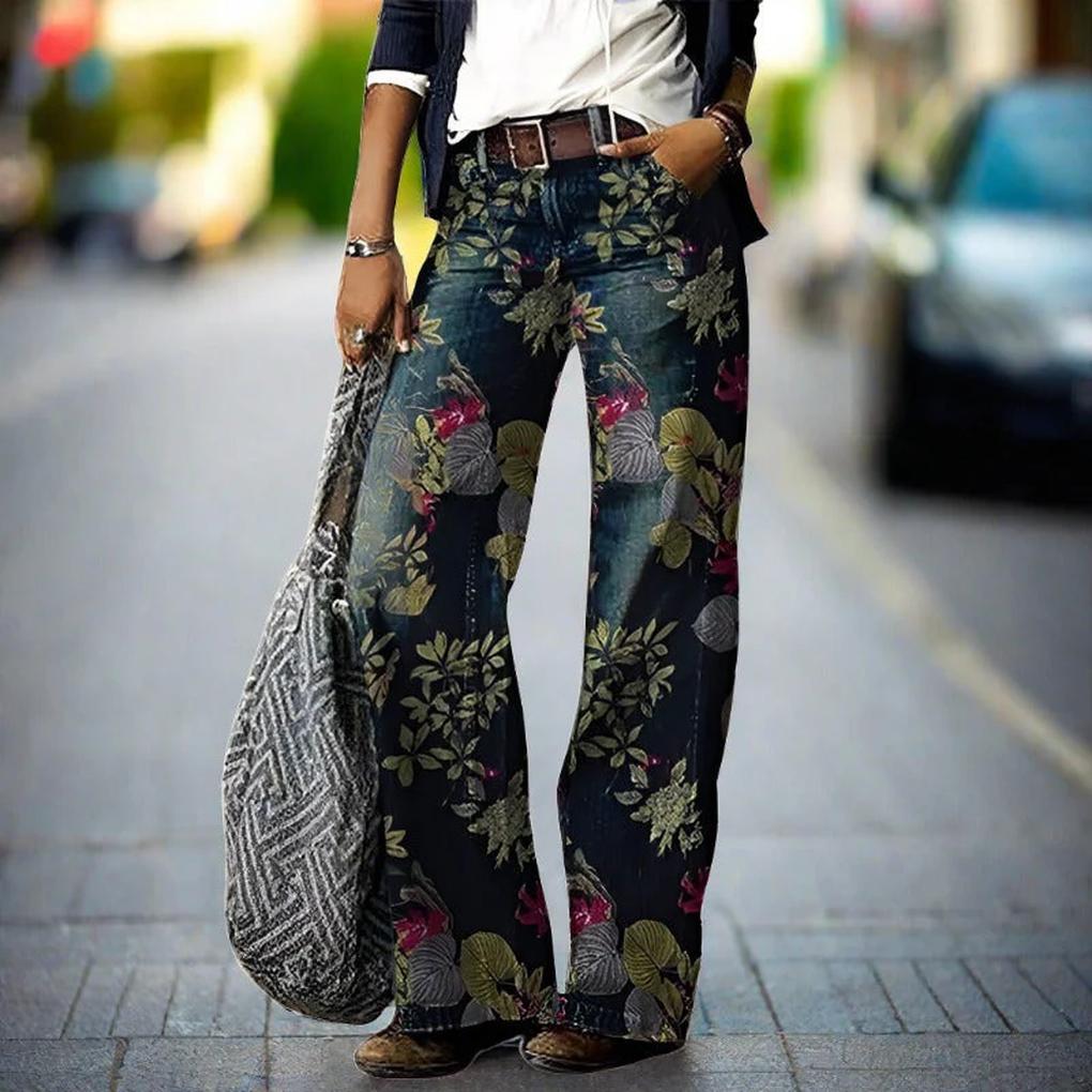 Jeans Dame – Blomstrede Denim Bukser med Afslappet Pasform