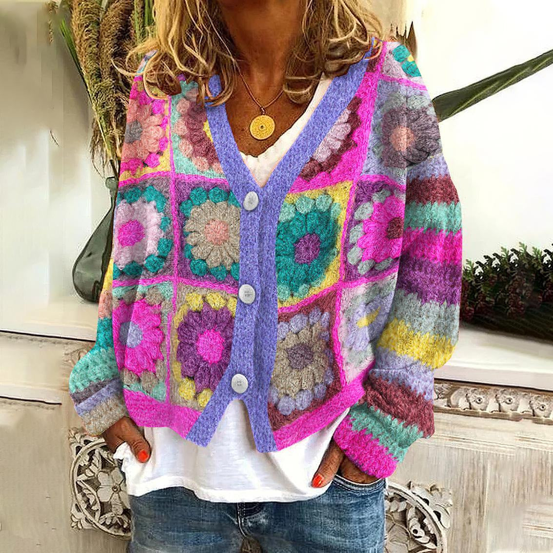 Mønstret Cardigan Dame – Pink Strikcardigan med Unikt Print