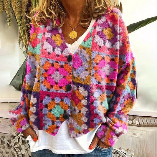 Mønstret Cardigan Dame – Pink Strikcardigan med Unikt Print