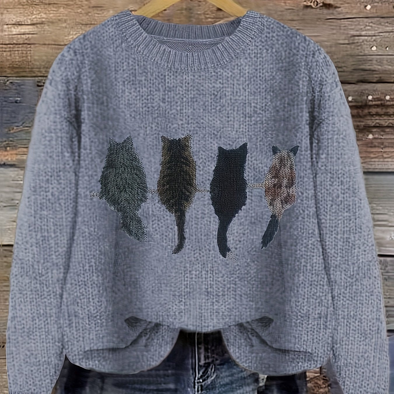 Striktrøje Dame – Pullover med katteprint og mønstret design til hverdag, arbejde og lag-på-lag