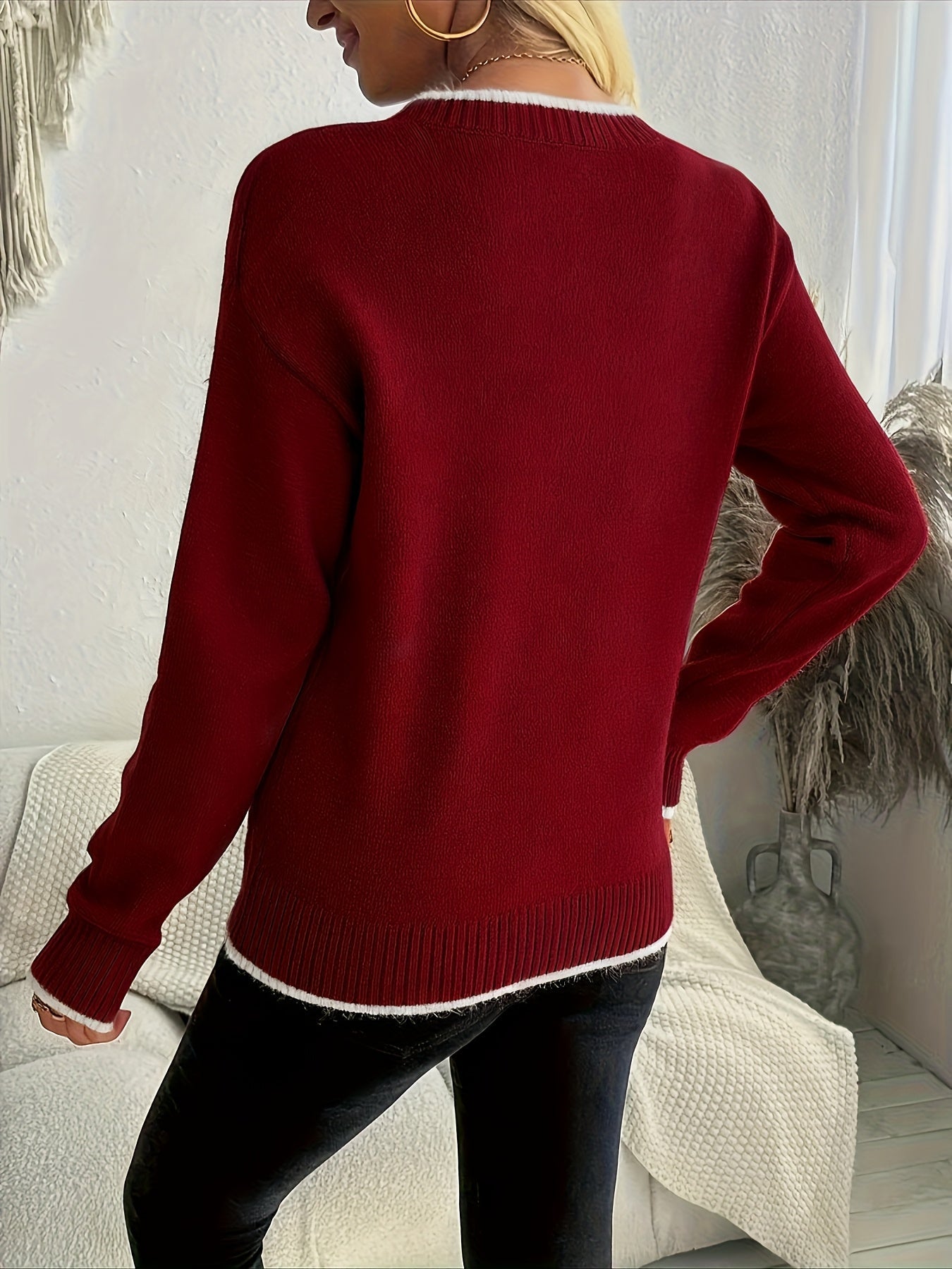 Striktrøje Dame – Pullover med snefnugmønster og rund hals til hverdag, arbejde og lag-på-lag
