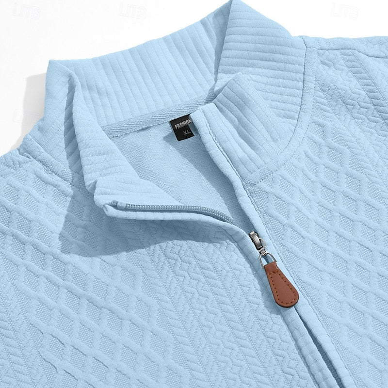 Striktrøje Herre – Pullover med tekstureret overflade og quarter-zip lynlås til hverdag, arbejde og lag-på-lag i Lyseblå og Hvid – Nash