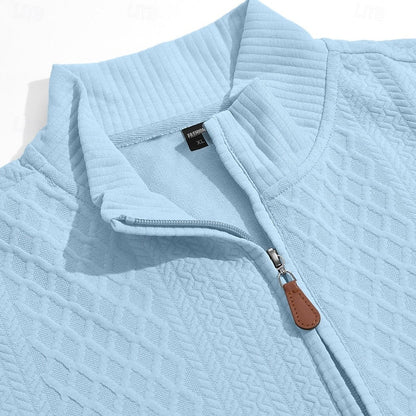 Striktrøje Herre – Pullover med tekstureret overflade og quarter-zip lynlås til hverdag, arbejde og lag-på-lag i Lyseblå og Hvid – Nash