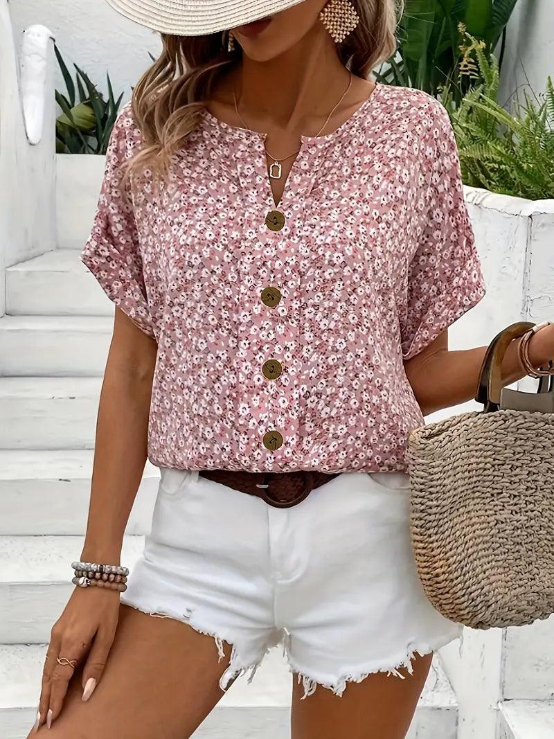 Blomstret Sommertop Dame – Pink Bluse med Knapper og V-Hals