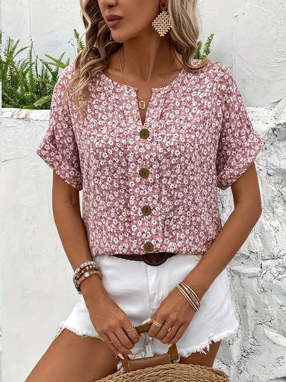 Blomstret Sommertop Dame – Pink Bluse med Knapper og V-Hals