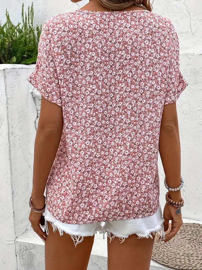 Blomstret Sommertop Dame – Pink Bluse med Knapper og V-Hals