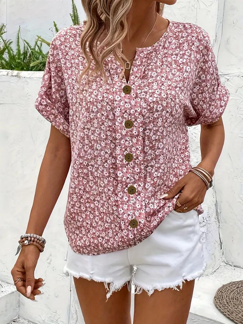 Blomstret Sommertop Dame – Pink Bluse med Knapper og V-Hals