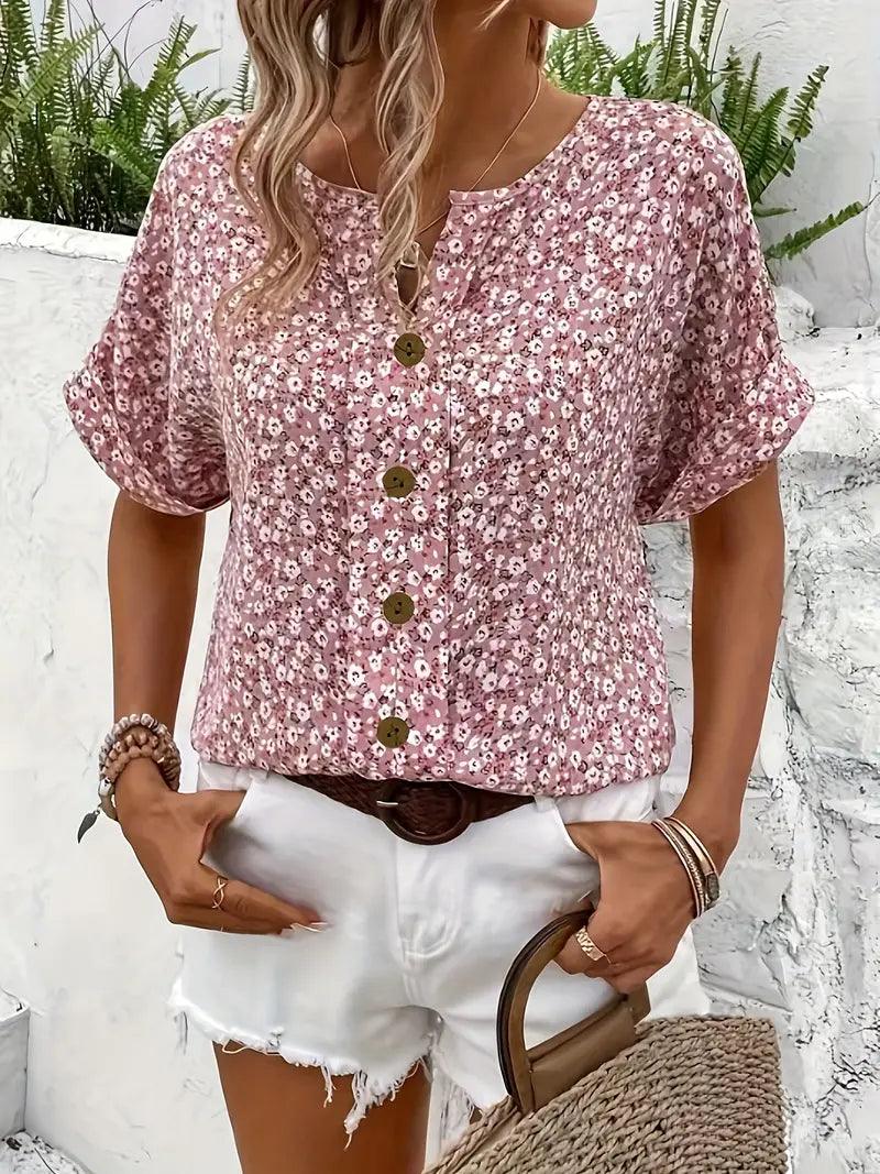 Blomstret Sommertop Dame – Pink Bluse med Knapper og V-Hals