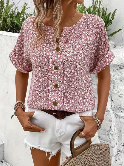 Blomstret Sommertop Dame – Pink Bluse med Knapper og V-Hals
