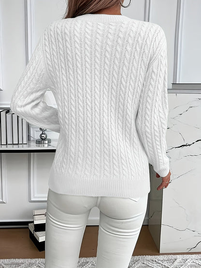 Striktrøje Dame – Pullover med kabelstrik og rund hals til hverdag, arbejde og lag-på-lag