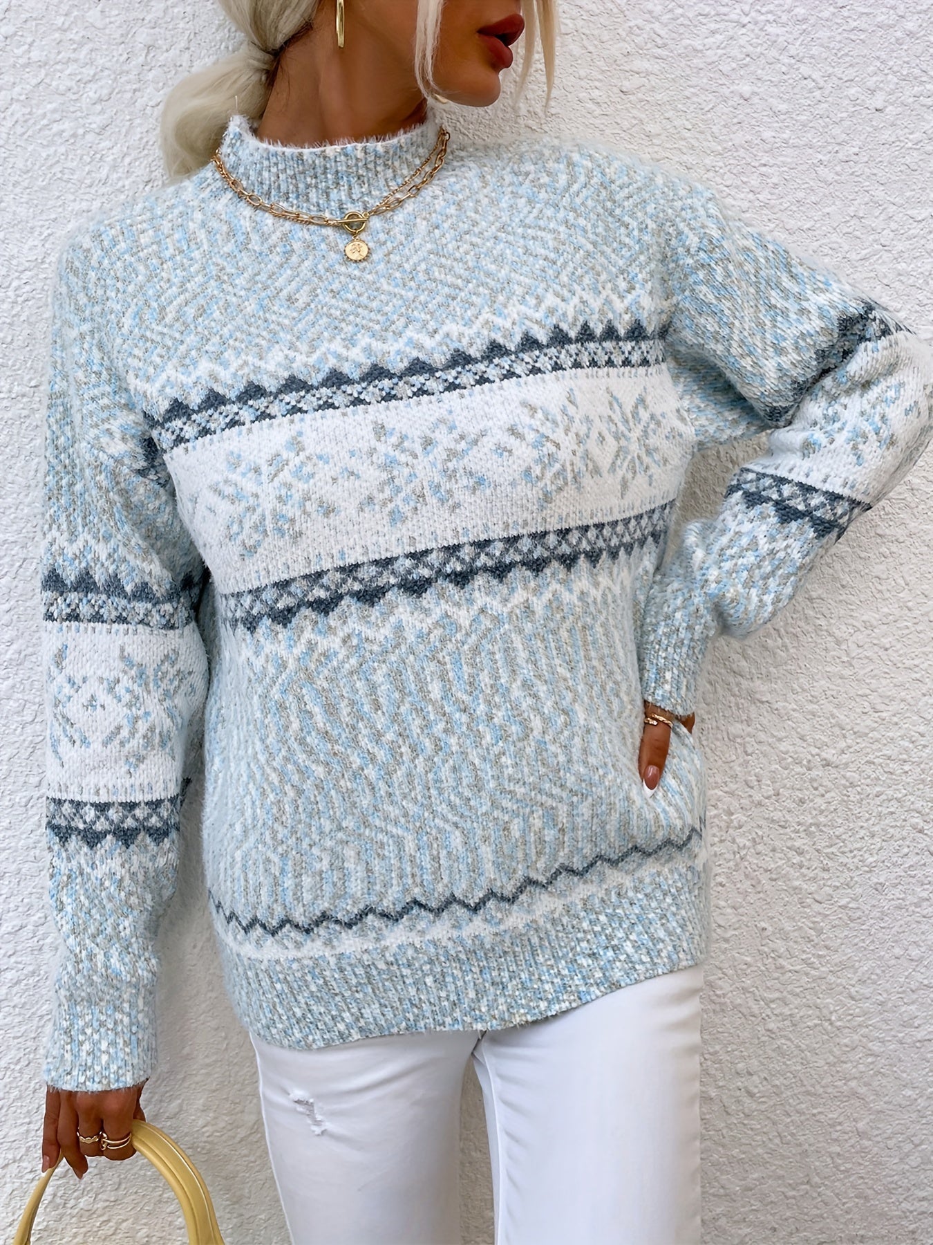 Striktrøje Dame – Pullover med snefnugmønster og høj hals til hverdag, arbejde og lag-på-lag