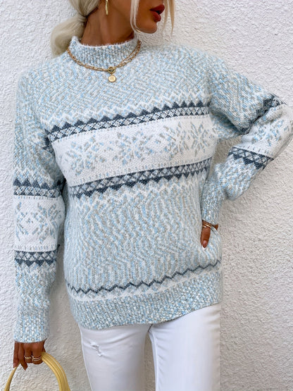 Striktrøje Dame – Pullover med snefnugmønster og høj hals til hverdag, arbejde og lag-på-lag