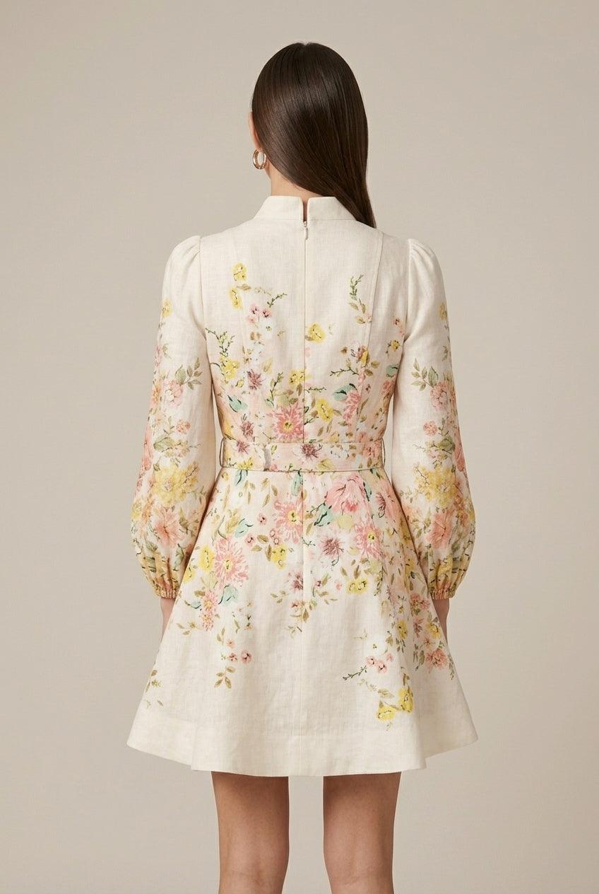 Dame Blomsterprint Mini Kjole - Lange Pufærmer - Rynket Bryst