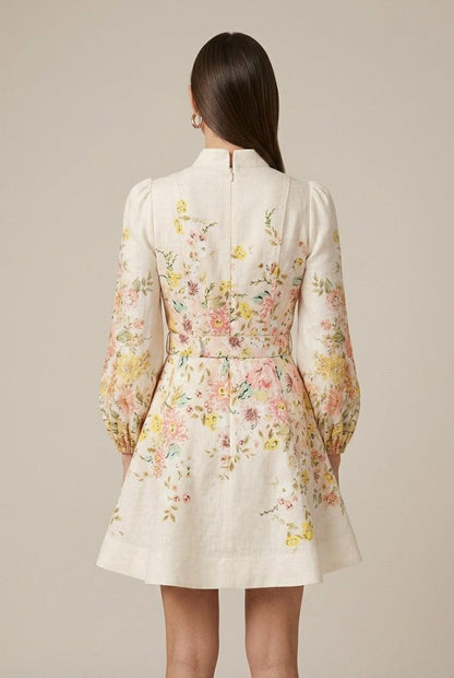 Dame Blomsterprint Mini Kjole - Lange Pufærmer - Rynket Bryst
