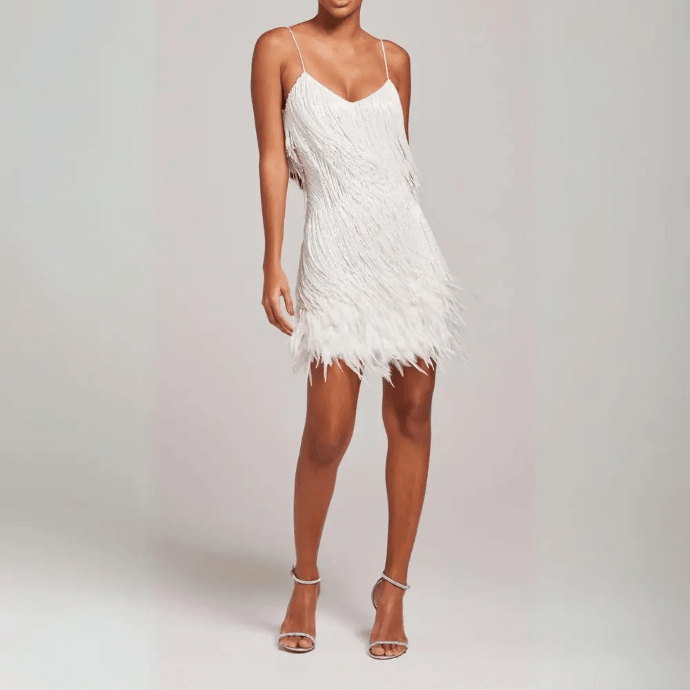 Aimee | Dame Paillet Mini Party Kjole med Fjerdetaljer