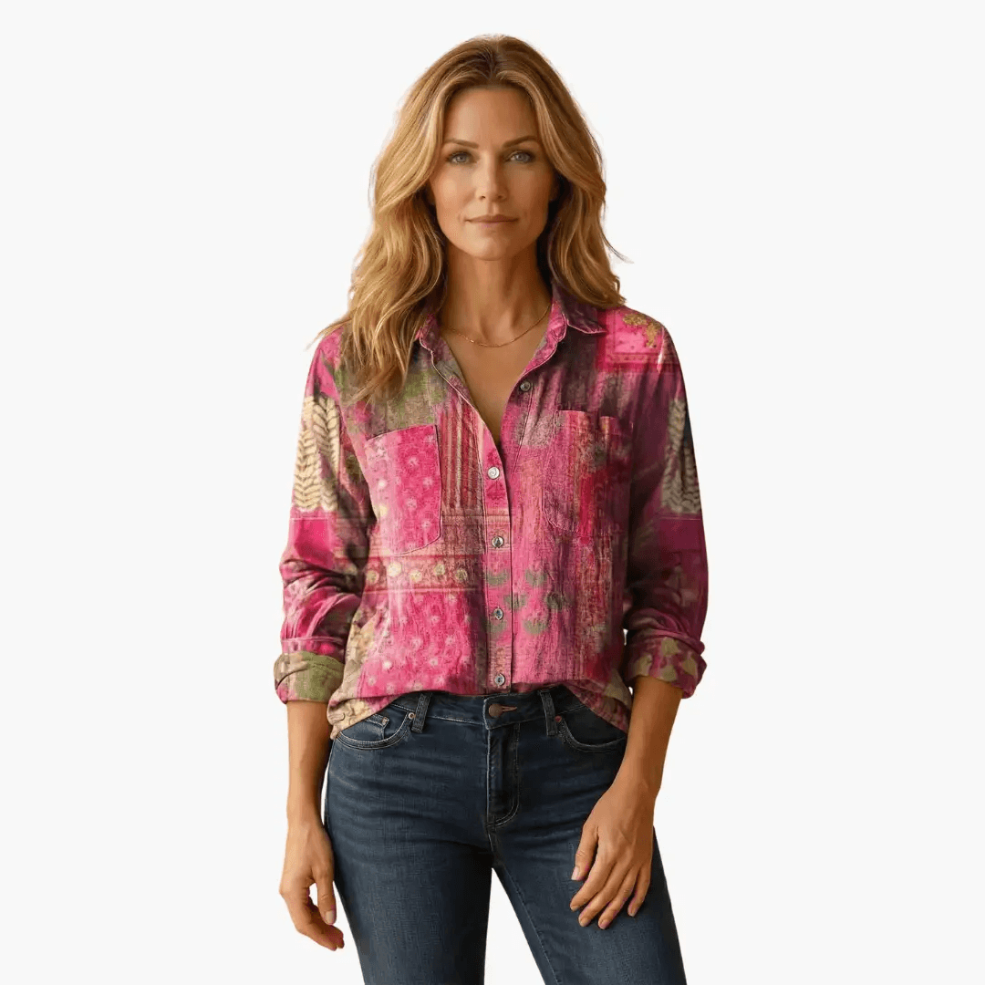 Blomstret Skjorte Dame – Langærmet Bluse med Knapper